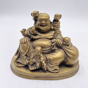 Feng Shui 5.5" GOLD laughing BUDDHA With 5 kids statue home decor VGC